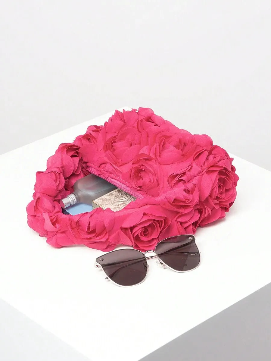 Elegant 3D Rose Flower Tote Bag for Women, Burgundy Evening Handbag for Weddings, Parties, Banquets, Bridesmaids, or Romantic Dates, Perfect Valentine’s Day or Birthday Gift, Stylish Purse with Random Floral Pattern for Special Occasions
