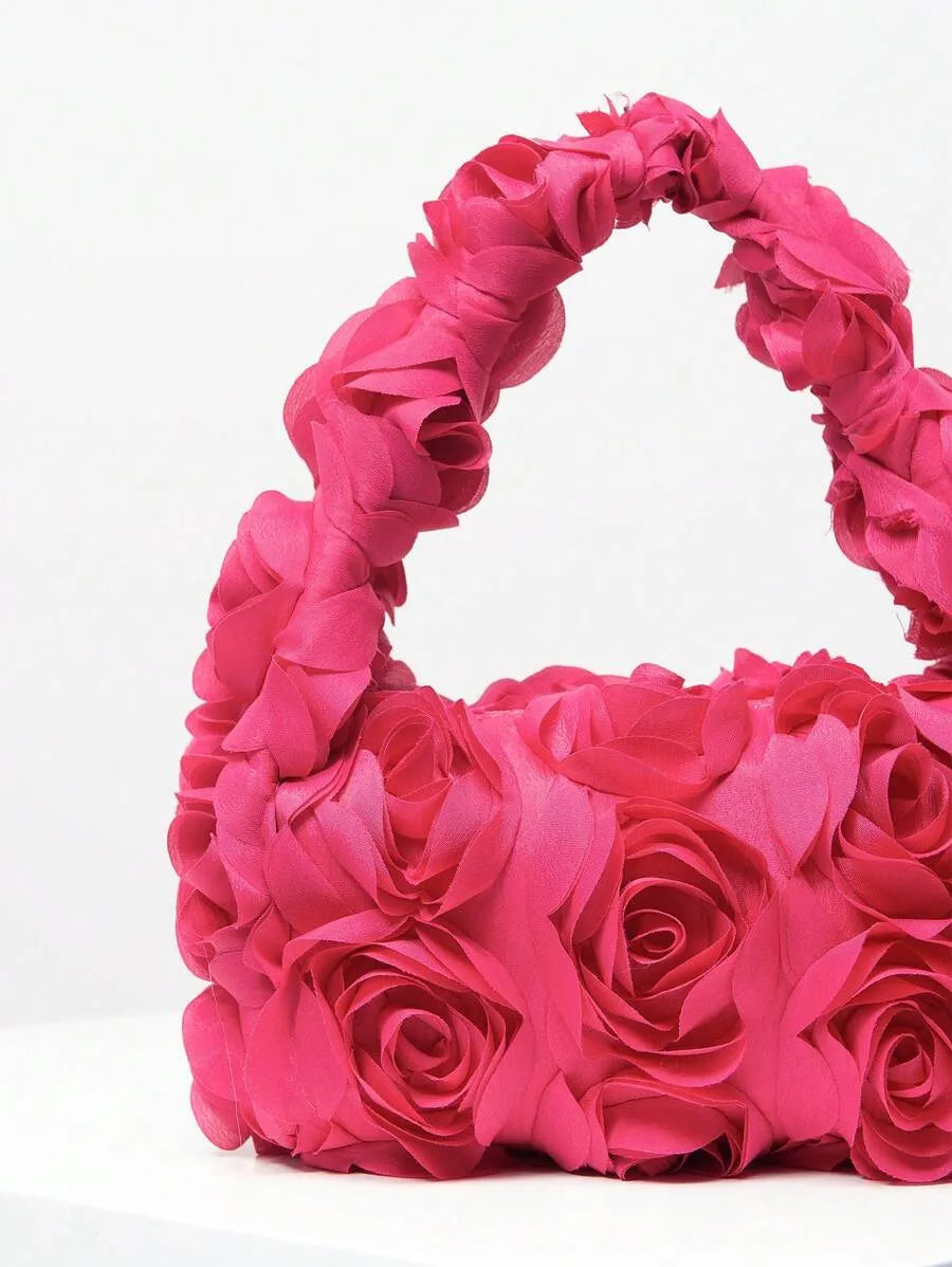 Elegant 3D Rose Flower Tote Bag for Women, Burgundy Evening Handbag for Weddings, Parties, Banquets, Bridesmaids, or Romantic Dates, Perfect Valentine’s Day or Birthday Gift, Stylish Purse with Random Floral Pattern for Special Occasions