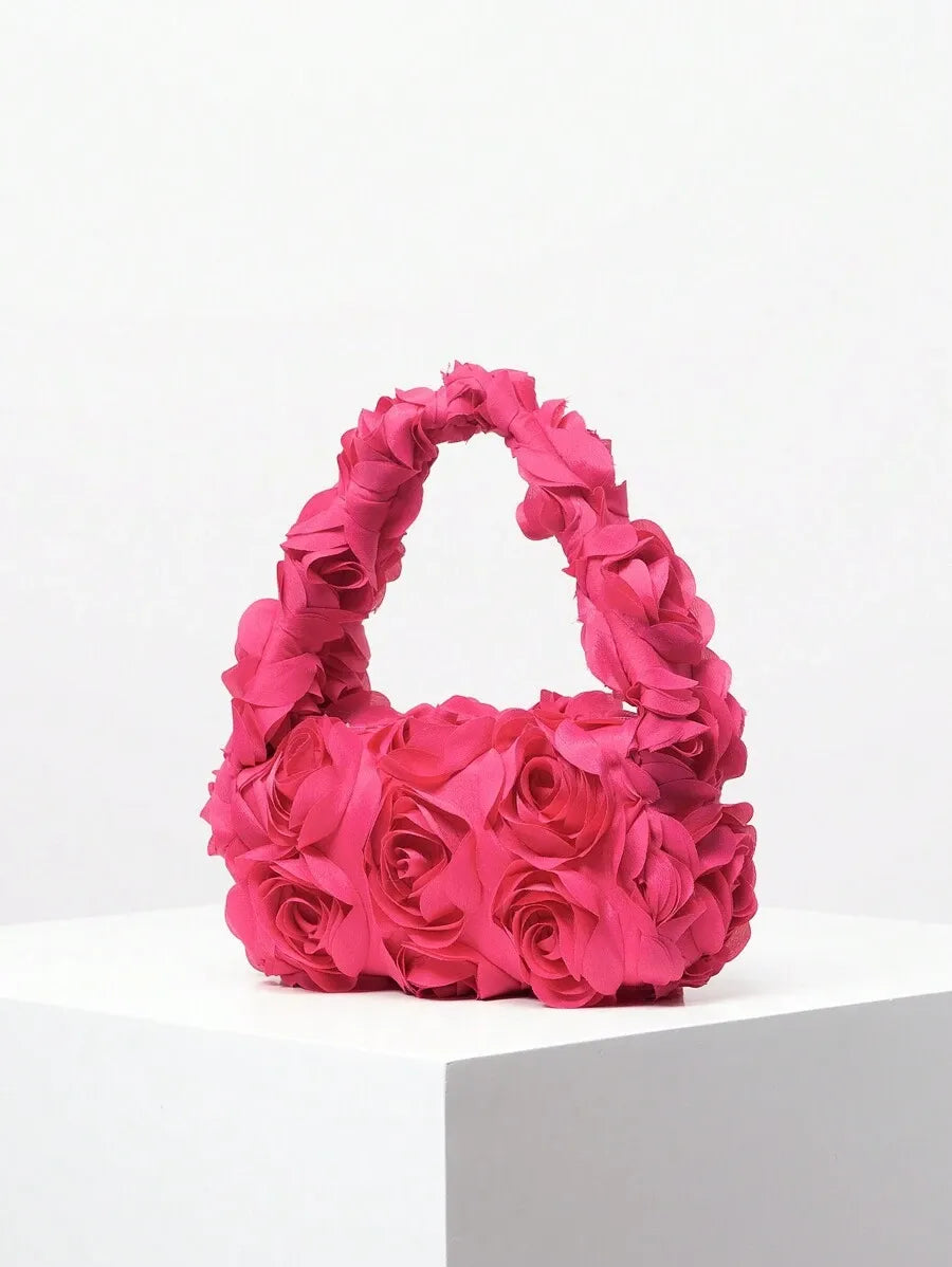 Elegant 3D Rose Flower Tote Bag for Women, Burgundy Evening Handbag for Weddings, Parties, Banquets, Bridesmaids, or Romantic Dates, Perfect Valentine’s Day or Birthday Gift, Stylish Purse with Random Floral Pattern for Special Occasions