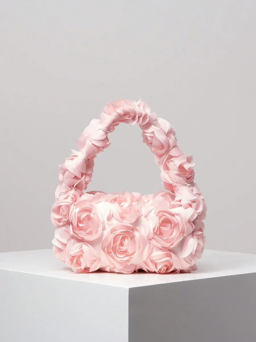 Elegant 3D Rose Flower Tote Bag for Women, Burgundy Evening Handbag for Weddings, Parties, Banquets, Bridesmaids, or Romantic Dates, Perfect Valentine’s Day or Birthday Gift, Stylish Purse with Random Floral Pattern for Special Occasions