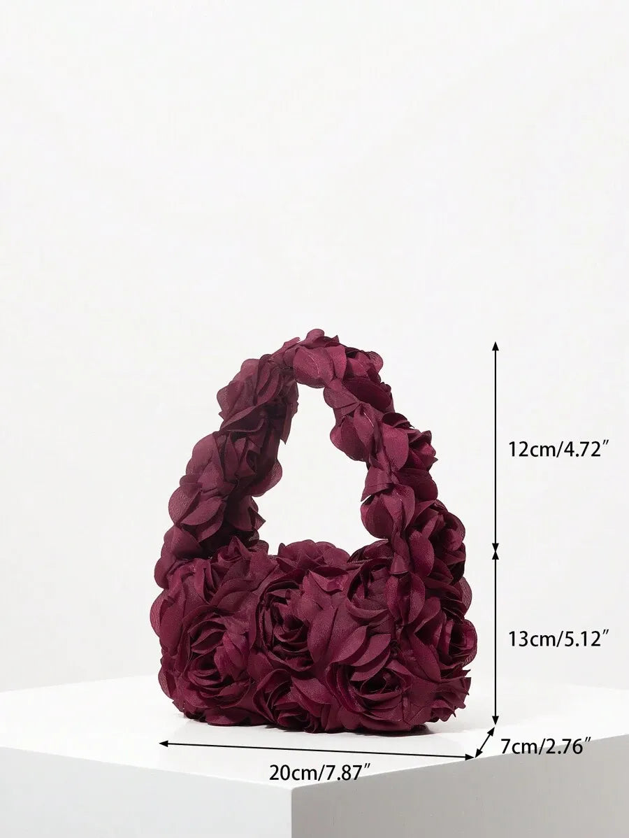 Elegant 3D Rose Flower Tote Bag for Women, Burgundy Evening Handbag for Weddings, Parties, Banquets, Bridesmaids, or Romantic Dates, Perfect Valentine’s Day or Birthday Gift, Stylish Purse with Random Floral Pattern for Special Occasions