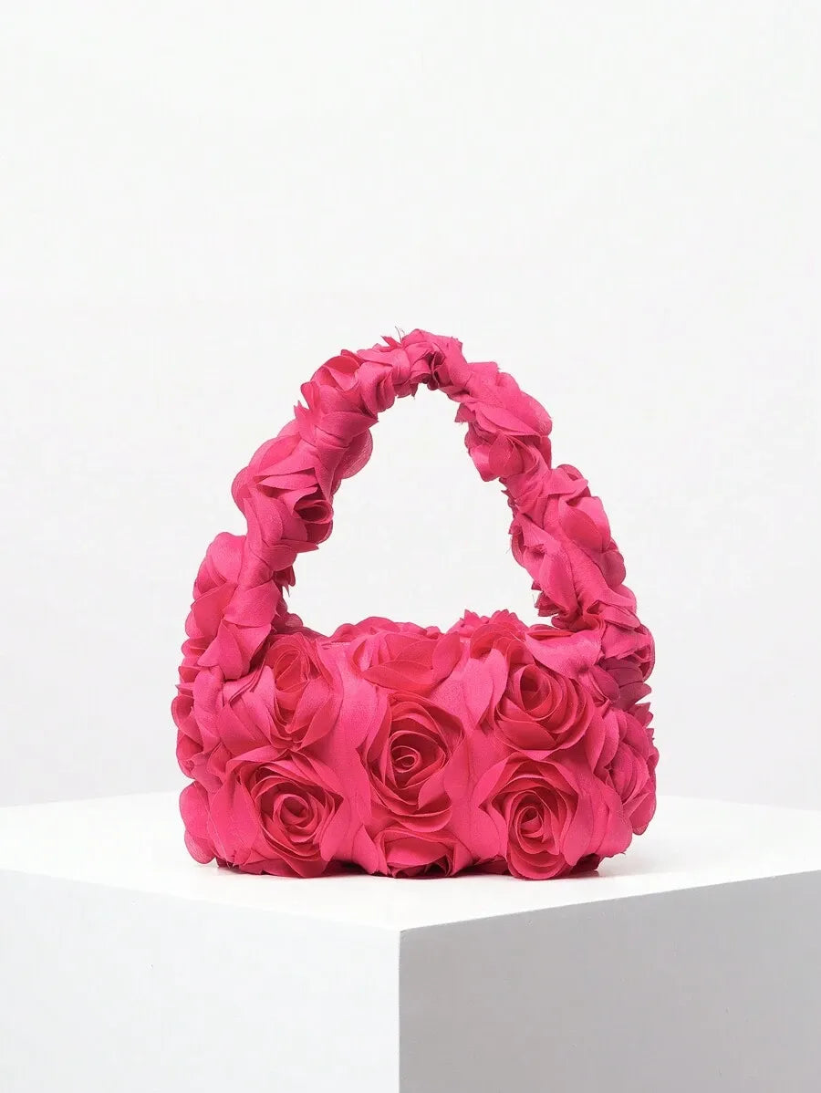 Elegant 3D Rose Flower Tote Bag for Women, Burgundy Evening Handbag for Weddings, Parties, Banquets, Bridesmaids, or Romantic Dates, Perfect Valentine’s Day or Birthday Gift, Stylish Purse with Random Floral Pattern for Special Occasions