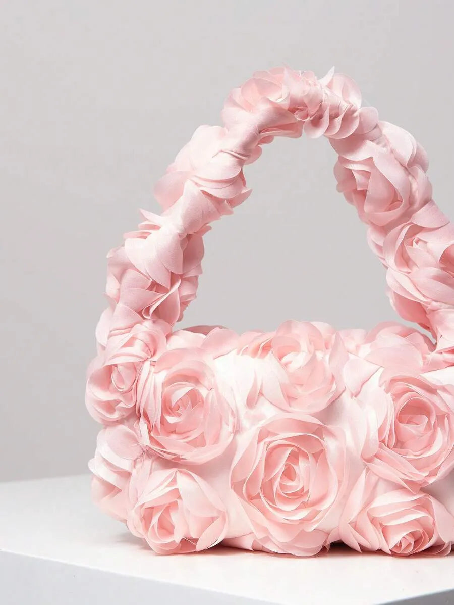 Elegant 3D Rose Flower Tote Bag for Women, Burgundy Evening Handbag for Weddings, Parties, Banquets, Bridesmaids, or Romantic Dates, Perfect Valentine’s Day or Birthday Gift, Stylish Purse with Random Floral Pattern for Special Occasions