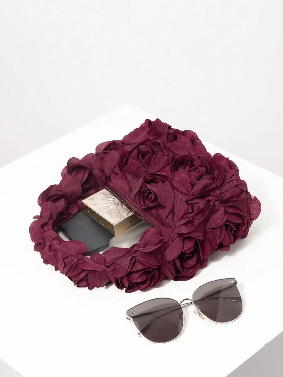 Elegant 3D Rose Flower Tote Bag for Women, Burgundy Evening Handbag for Weddings, Parties, Banquets, Bridesmaids, or Romantic Dates, Perfect Valentine’s Day or Birthday Gift, Stylish Purse with Random Floral Pattern for Special Occasions