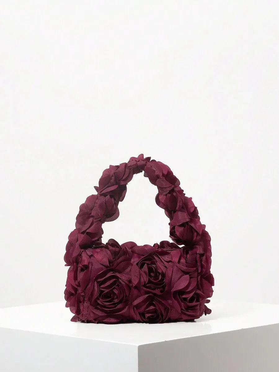 Elegant 3D Rose Flower Tote Bag for Women, Burgundy Evening Handbag for Weddings, Parties, Banquets, Bridesmaids, or Romantic Dates, Perfect Valentine’s Day or Birthday Gift, Stylish Purse with Random Floral Pattern for Special Occasions
