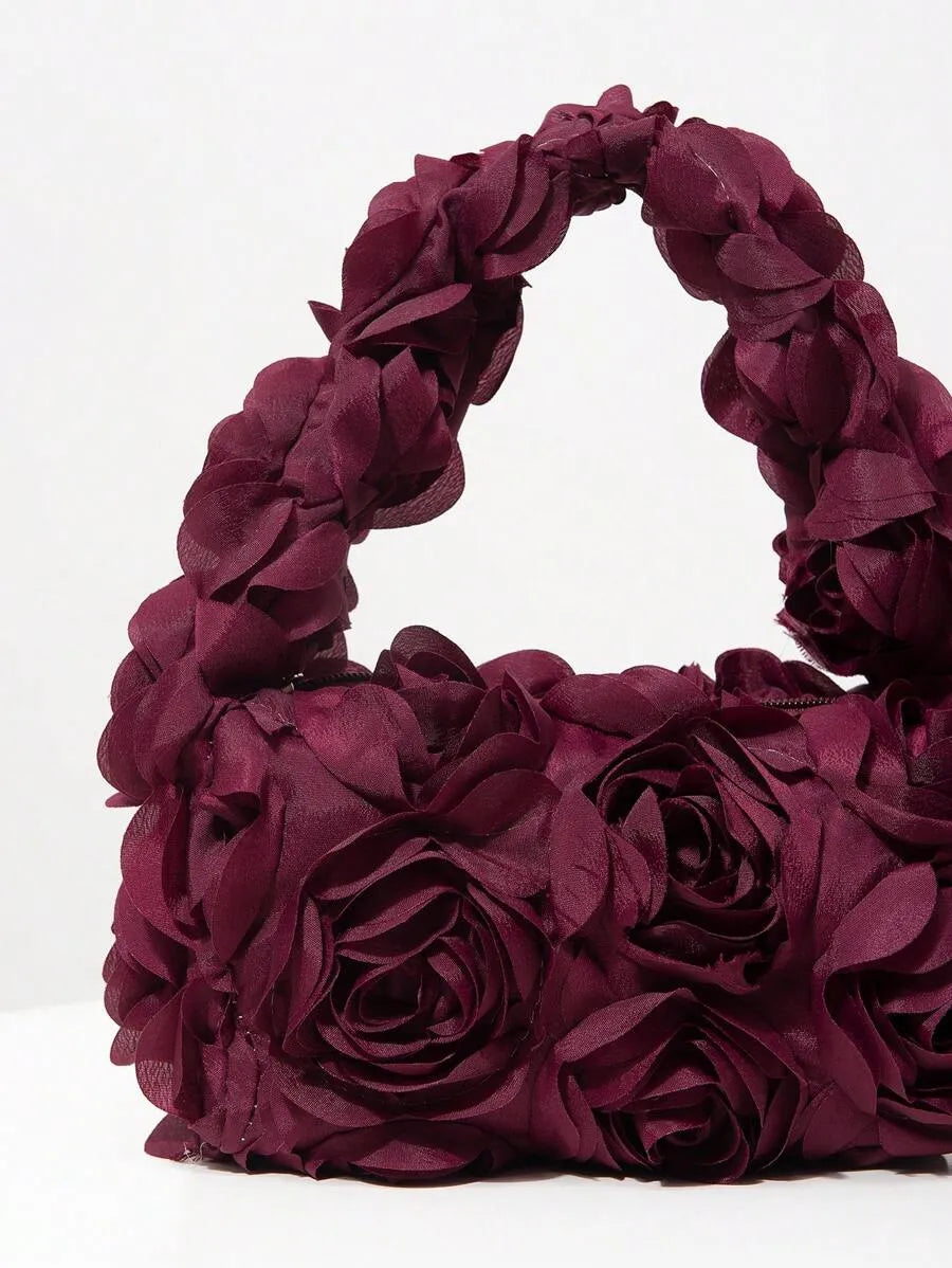 Elegant 3D Rose Flower Tote Bag for Women, Burgundy Evening Handbag for Weddings, Parties, Banquets, Bridesmaids, or Romantic Dates, Perfect Valentine’s Day or Birthday Gift, Stylish Purse with Random Floral Pattern for Special Occasions