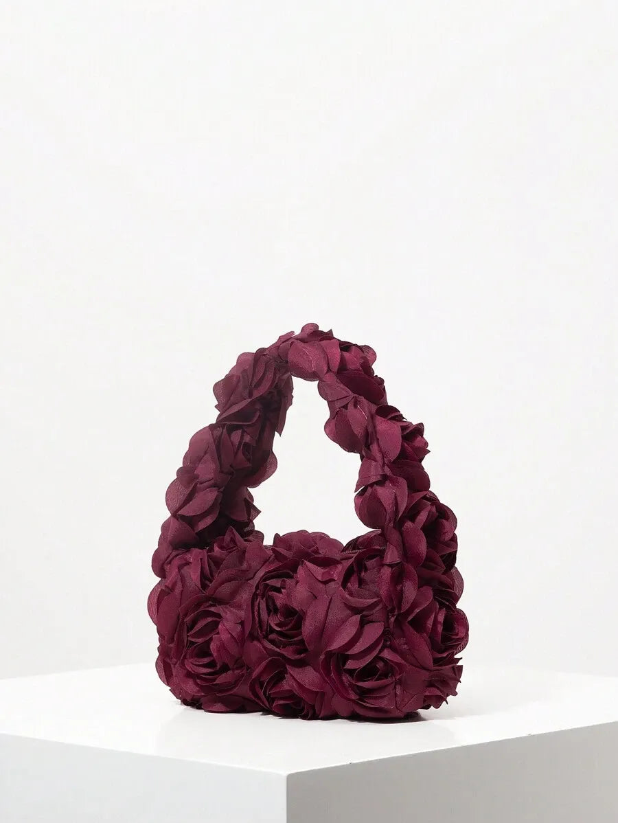 Elegant 3D Rose Flower Tote Bag for Women, Burgundy Evening Handbag for Weddings, Parties, Banquets, Bridesmaids, or Romantic Dates, Perfect Valentine’s Day or Birthday Gift, Stylish Purse with Random Floral Pattern for Special Occasions