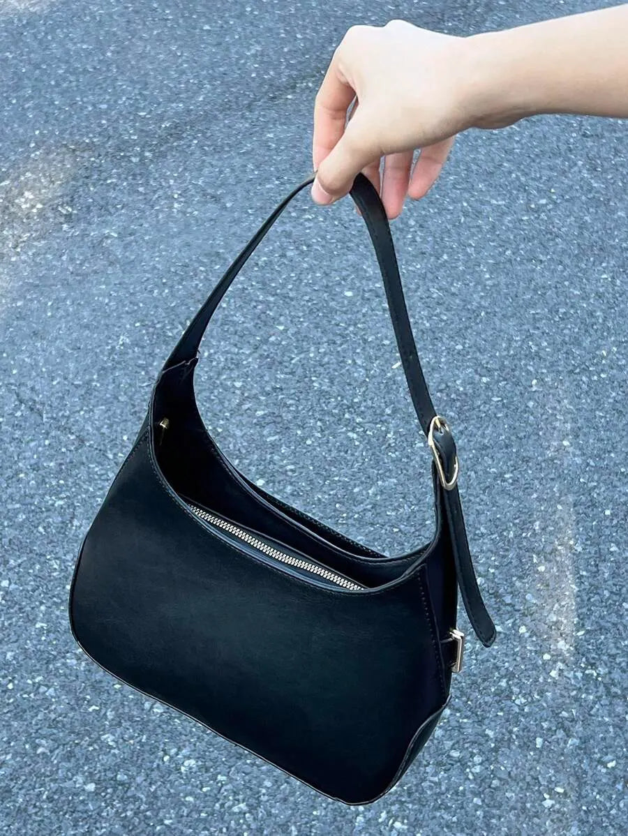 Medium Black Hobo Bag with Buckle Decor, Fashionable Business Casual Shoulder Bag for Women, Perfect for Office, Work, and Everyday Professional Style, Spacious and Elegant Design