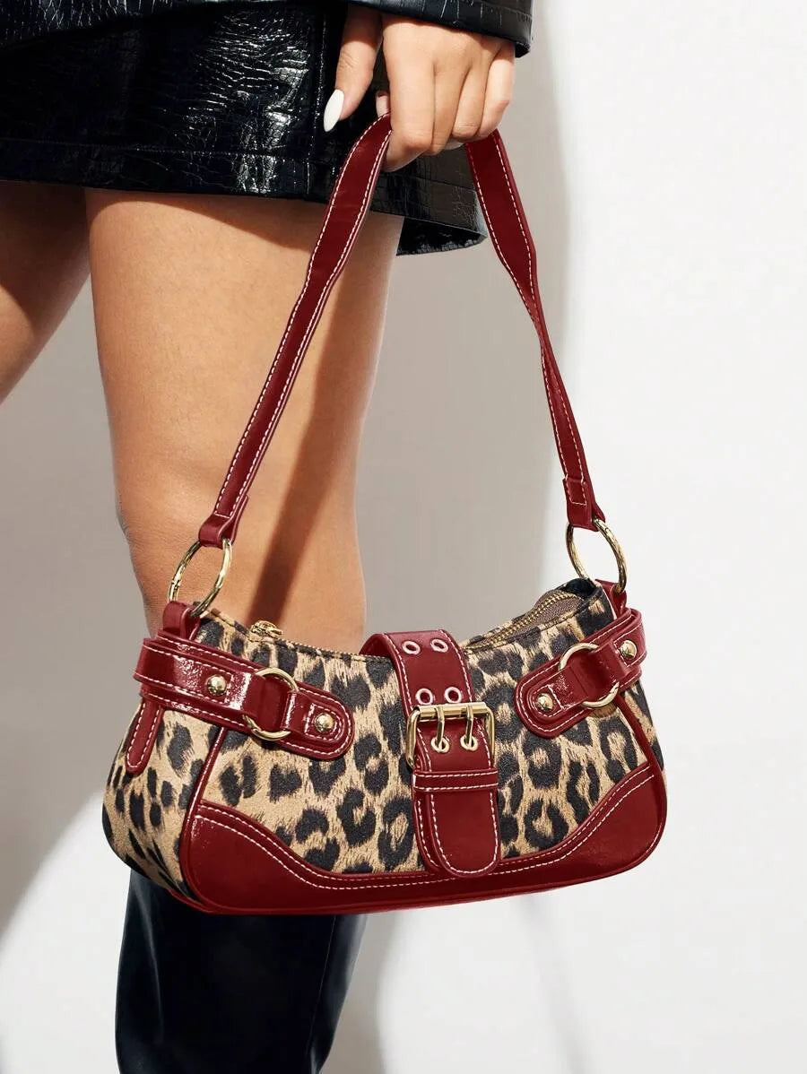 Leopard Print Patchwork PU Shoulder Bag for Women, Stylish Street Commuter Purse with Animal Print Design, Trendy and Bold Accessory for Daily Outfits, Travel, and Leopard Comeback Fashion Statement