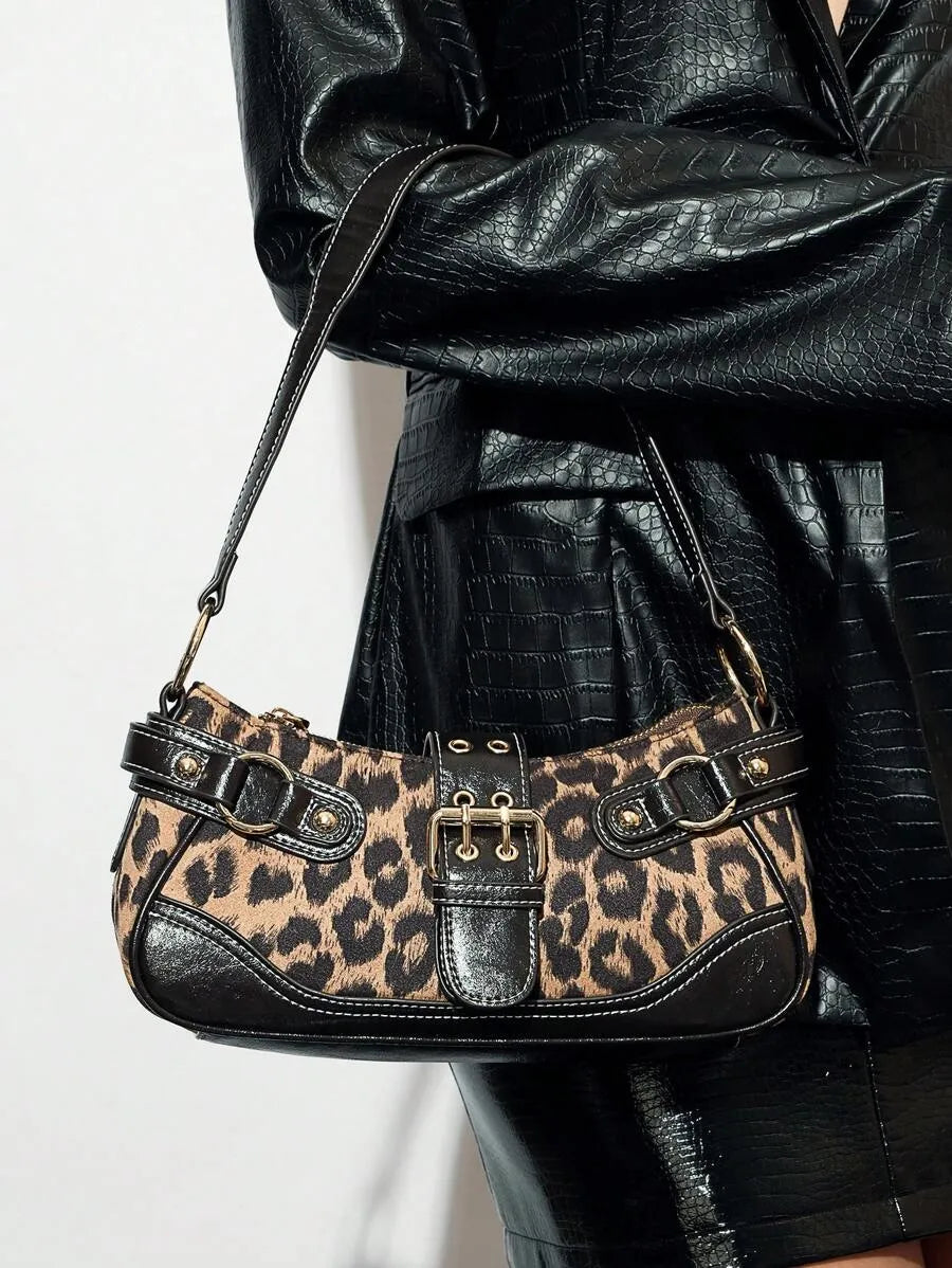 Leopard Print Patchwork PU Shoulder Bag for Women, Stylish Street Commuter Purse with Animal Print Design, Trendy and Bold Accessory for Daily Outfits, Travel, and Leopard Comeback Fashion Statement