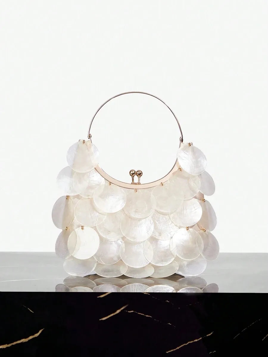 Elegant Top Handle Bag for Women with Shell Accents and Metal Handles, Fashionable and Versatile Summer Handbag, Perfect for Beach, Vacation, Holidays, Stylish and Personalized Purse for Casual or Resort Outfits