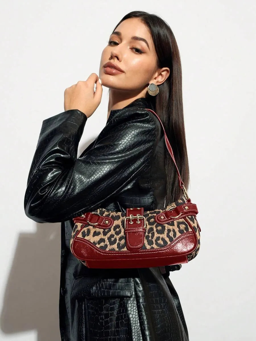 Leopard Print Patchwork PU Shoulder Bag for Women, Stylish Street Commuter Purse with Animal Print Design, Trendy and Bold Accessory for Daily Outfits, Travel, and Leopard Comeback Fashion Statement