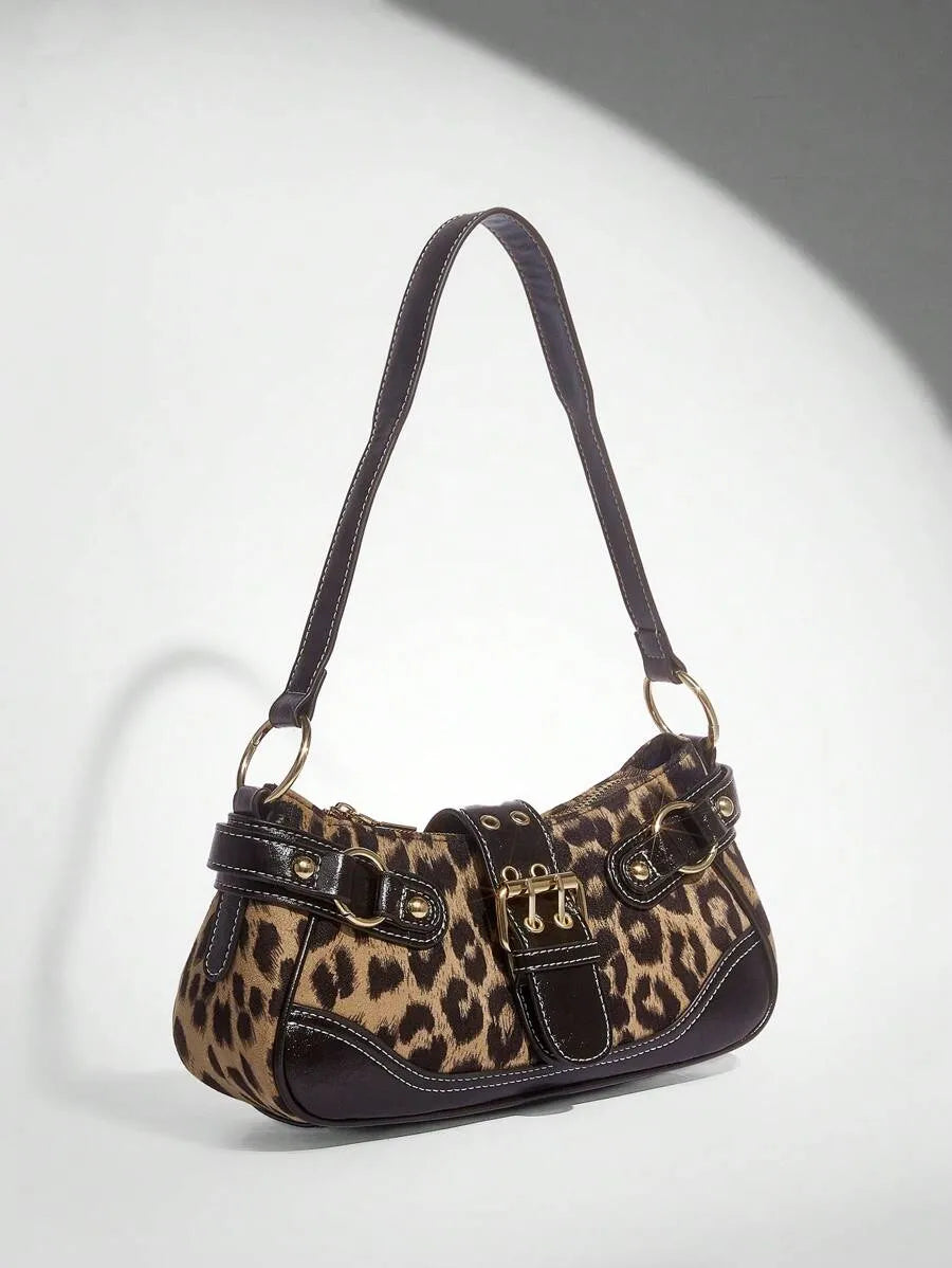 Leopard Print Patchwork PU Shoulder Bag for Women, Stylish Street Commuter Purse with Animal Print Design, Trendy and Bold Accessory for Daily Outfits, Travel, and Leopard Comeback Fashion Statement