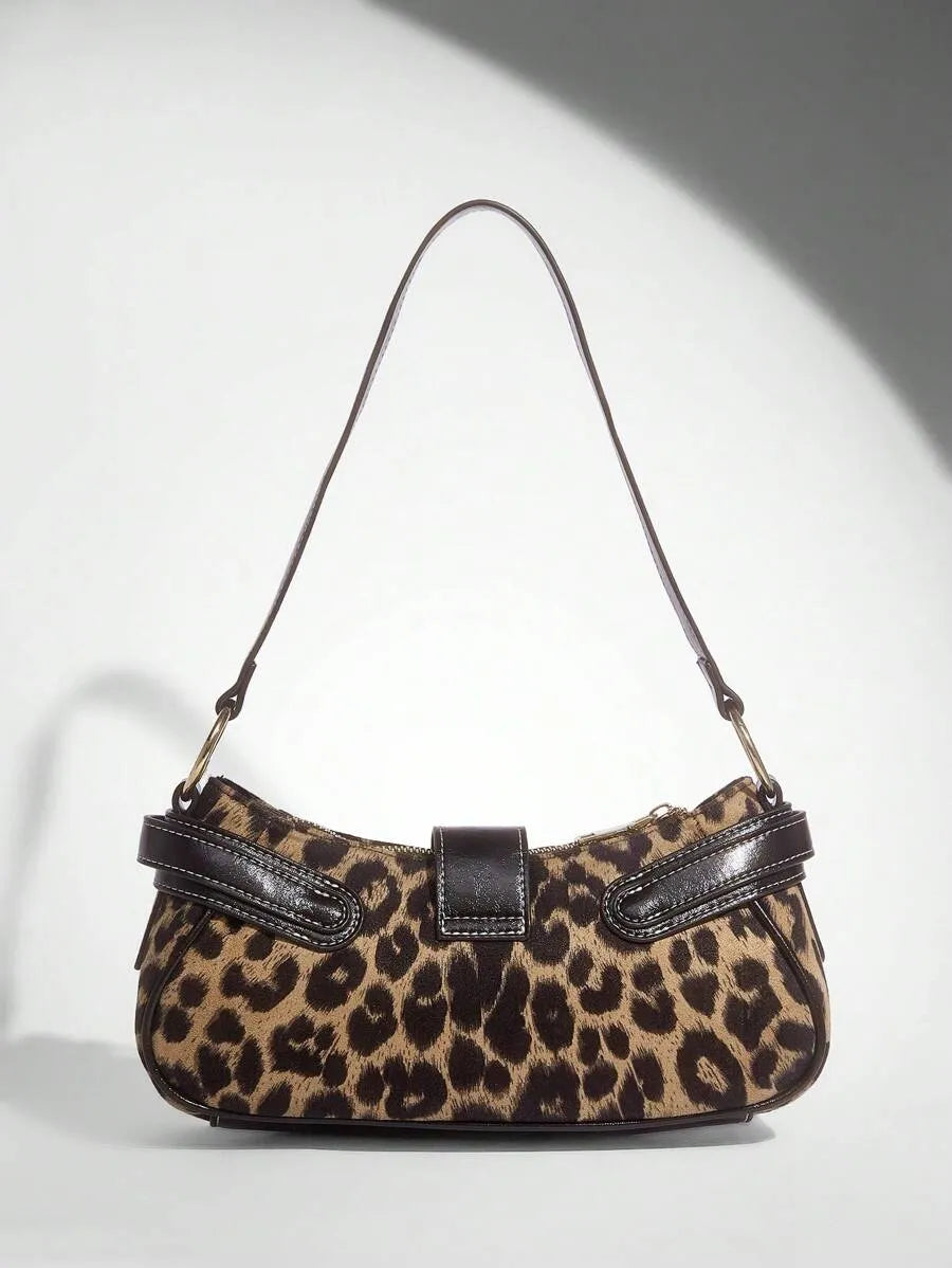 Leopard Print Patchwork PU Shoulder Bag for Women, Stylish Street Commuter Purse with Animal Print Design, Trendy and Bold Accessory for Daily Outfits, Travel, and Leopard Comeback Fashion Statement