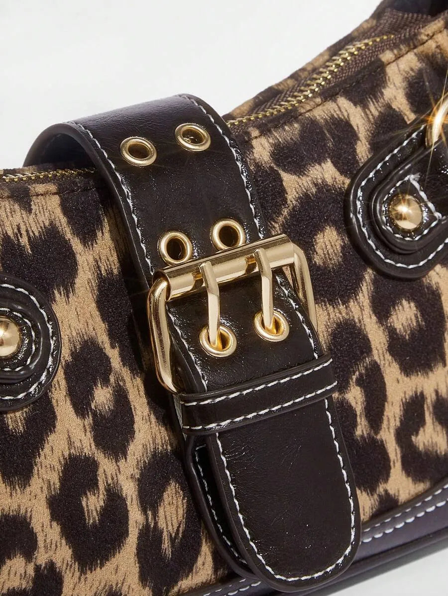 Leopard Print Patchwork PU Shoulder Bag for Women, Stylish Street Commuter Purse with Animal Print Design, Trendy and Bold Accessory for Daily Outfits, Travel, and Leopard Comeback Fashion Statement