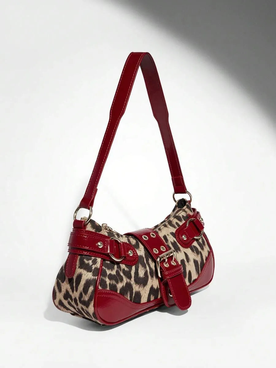 Leopard Print Patchwork PU Shoulder Bag for Women, Stylish Street Commuter Purse with Animal Print Design, Trendy and Bold Accessory for Daily Outfits, Travel, and Leopard Comeback Fashion Statement