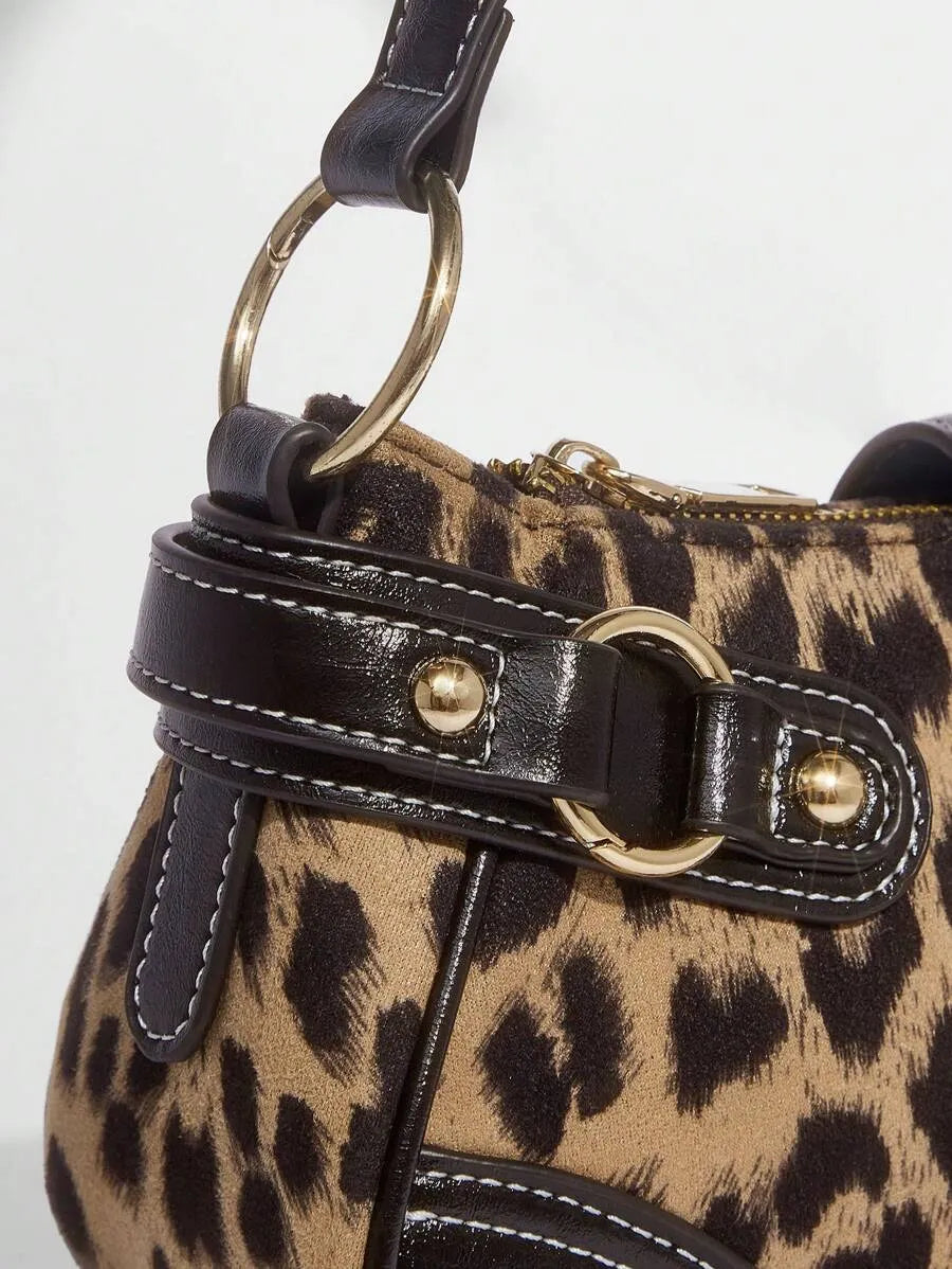 Leopard Print Patchwork PU Shoulder Bag for Women, Stylish Street Commuter Purse with Animal Print Design, Trendy and Bold Accessory for Daily Outfits, Travel, and Leopard Comeback Fashion Statement