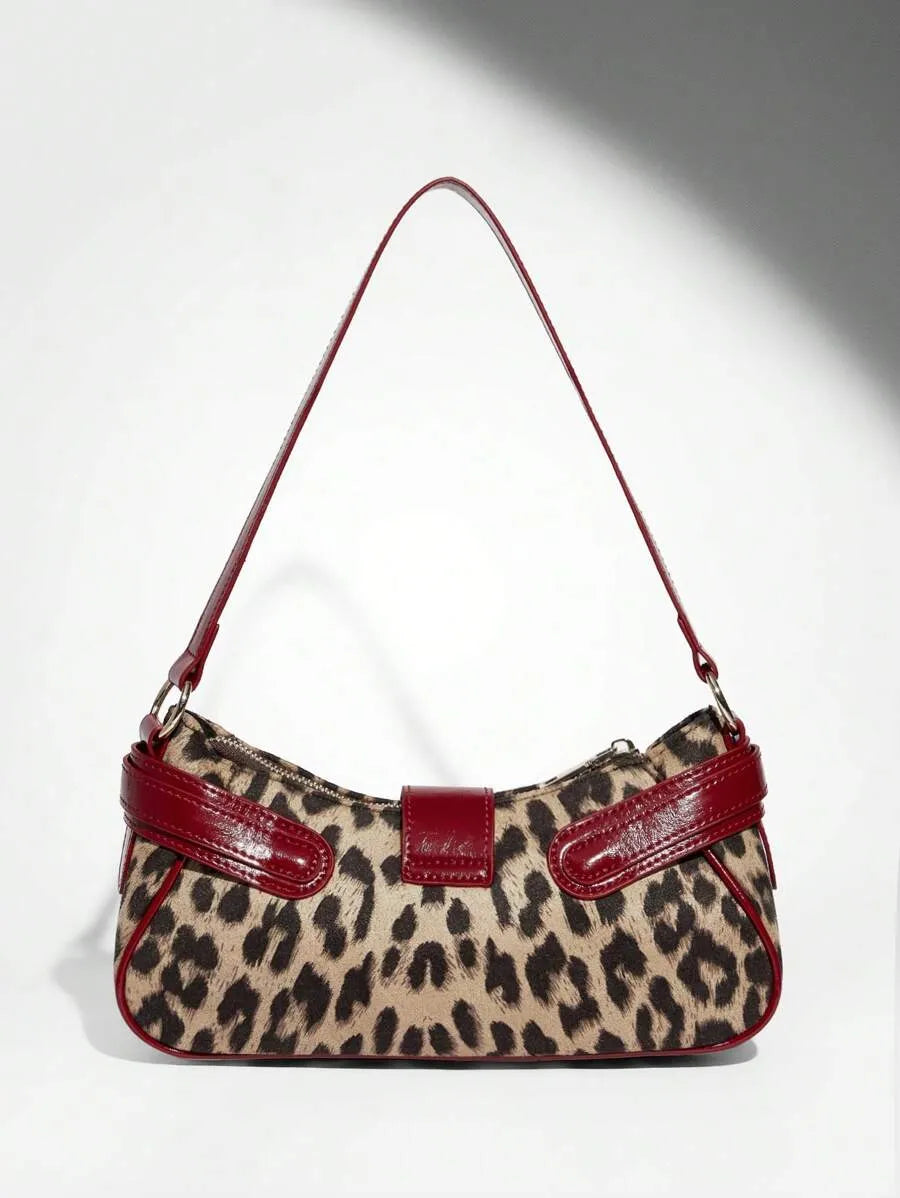 Leopard Print Patchwork PU Shoulder Bag for Women, Stylish Street Commuter Purse with Animal Print Design, Trendy and Bold Accessory for Daily Outfits, Travel, and Leopard Comeback Fashion Statement