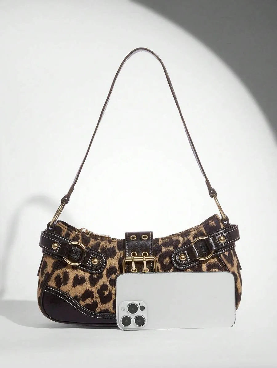 Leopard Print Patchwork PU Shoulder Bag for Women, Stylish Street Commuter Purse with Animal Print Design, Trendy and Bold Accessory for Daily Outfits, Travel, and Leopard Comeback Fashion Statement