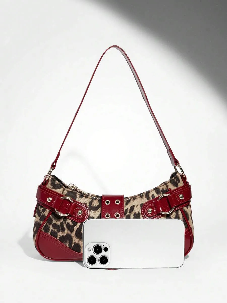 Leopard Print Patchwork PU Shoulder Bag for Women, Stylish Street Commuter Purse with Animal Print Design, Trendy and Bold Accessory for Daily Outfits, Travel, and Leopard Comeback Fashion Statement