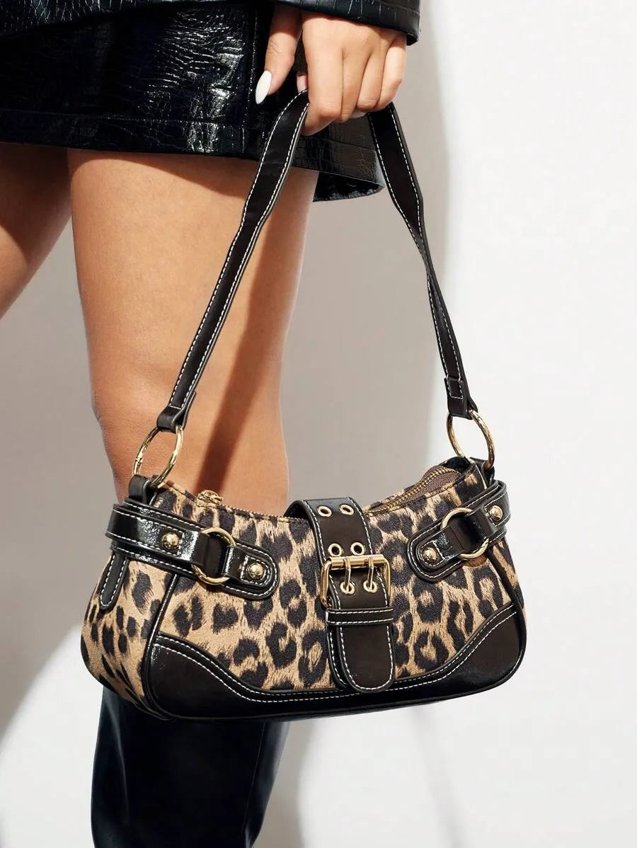 Leopard Print Patchwork PU Shoulder Bag for Women, Stylish Street Commuter Purse with Animal Print Design, Trendy and Bold Accessory for Daily Outfits, Travel, and Leopard Comeback Fashion Statement