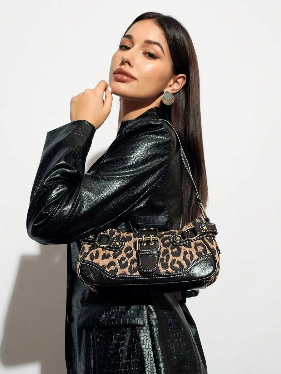Leopard Print Patchwork PU Shoulder Bag for Women, Stylish Street Commuter Purse with Animal Print Design, Trendy and Bold Accessory for Daily Outfits, Travel, and Leopard Comeback Fashion Statement