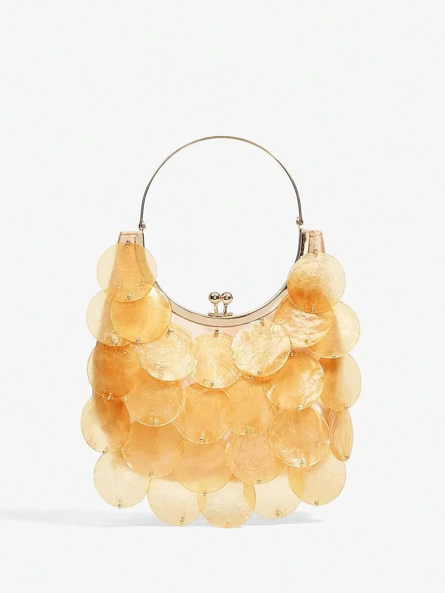 Elegant Top Handle Bag for Women with Shell Accents and Metal Handles, Fashionable and Versatile Summer Handbag, Perfect for Beach, Vacation, Holidays, Stylish and Personalized Purse for Casual or Resort Outfits