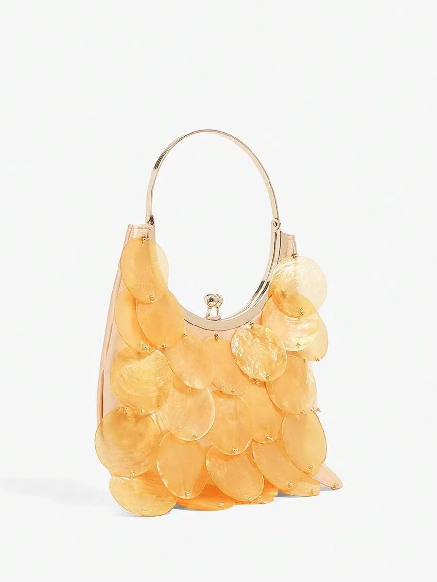 Elegant Top Handle Bag for Women with Shell Accents and Metal Handles, Fashionable and Versatile Summer Handbag, Perfect for Beach, Vacation, Holidays, Stylish and Personalized Purse for Casual or Resort Outfits