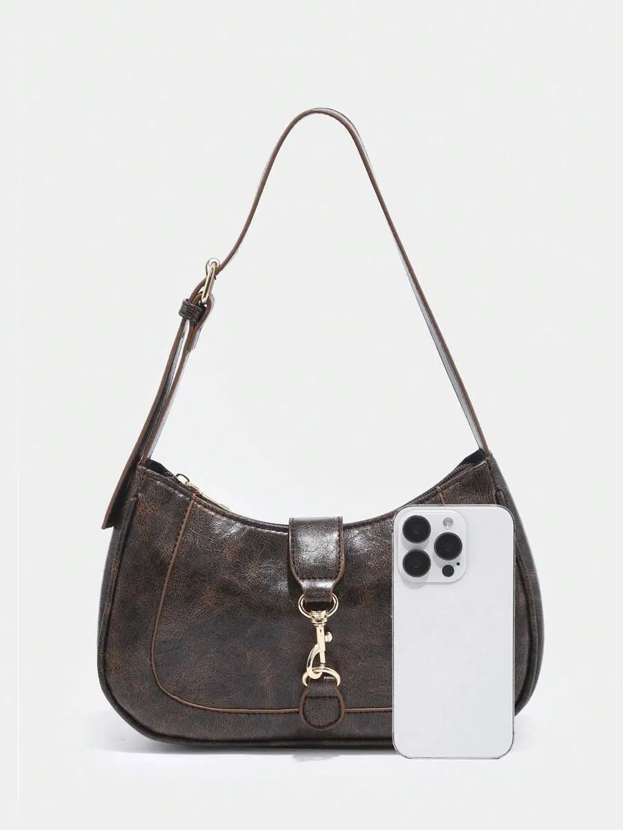 Retro Minimalist Crescent Shape Shoulder Bag with Adjustable Strap and Hook Decor, Stylish and Compact Purse for Women, Perfect for Dates, Outings, Parties, Everyday Chic Accessory
