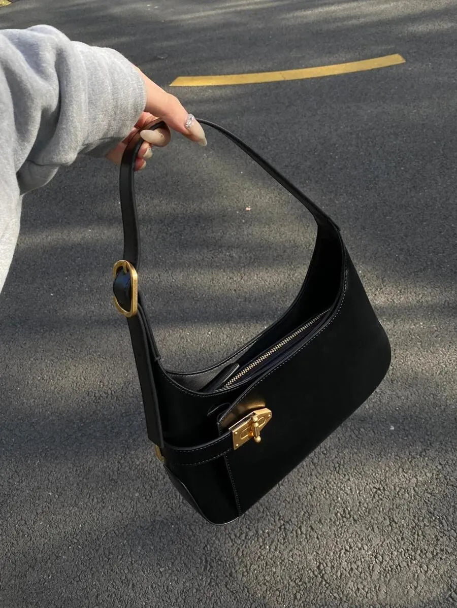 Medium Black Hobo Bag with Buckle Decor, Fashionable Business Casual Shoulder Bag for Women, Perfect for Office, Work, and Everyday Professional Style, Spacious and Elegant Design