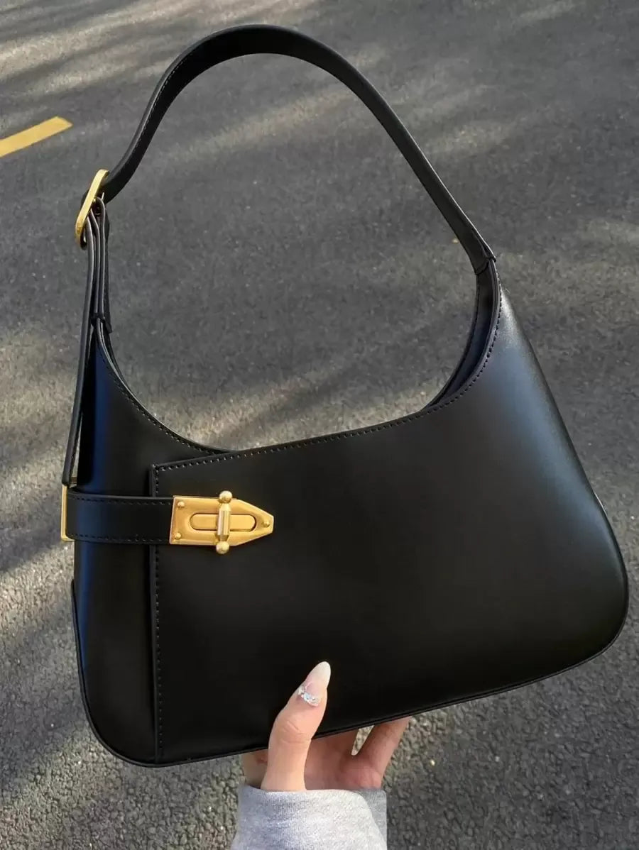 Medium Black Hobo Bag with Buckle Decor, Fashionable Business Casual Shoulder Bag for Women, Perfect for Office, Work, and Everyday Professional Style, Spacious and Elegant Design