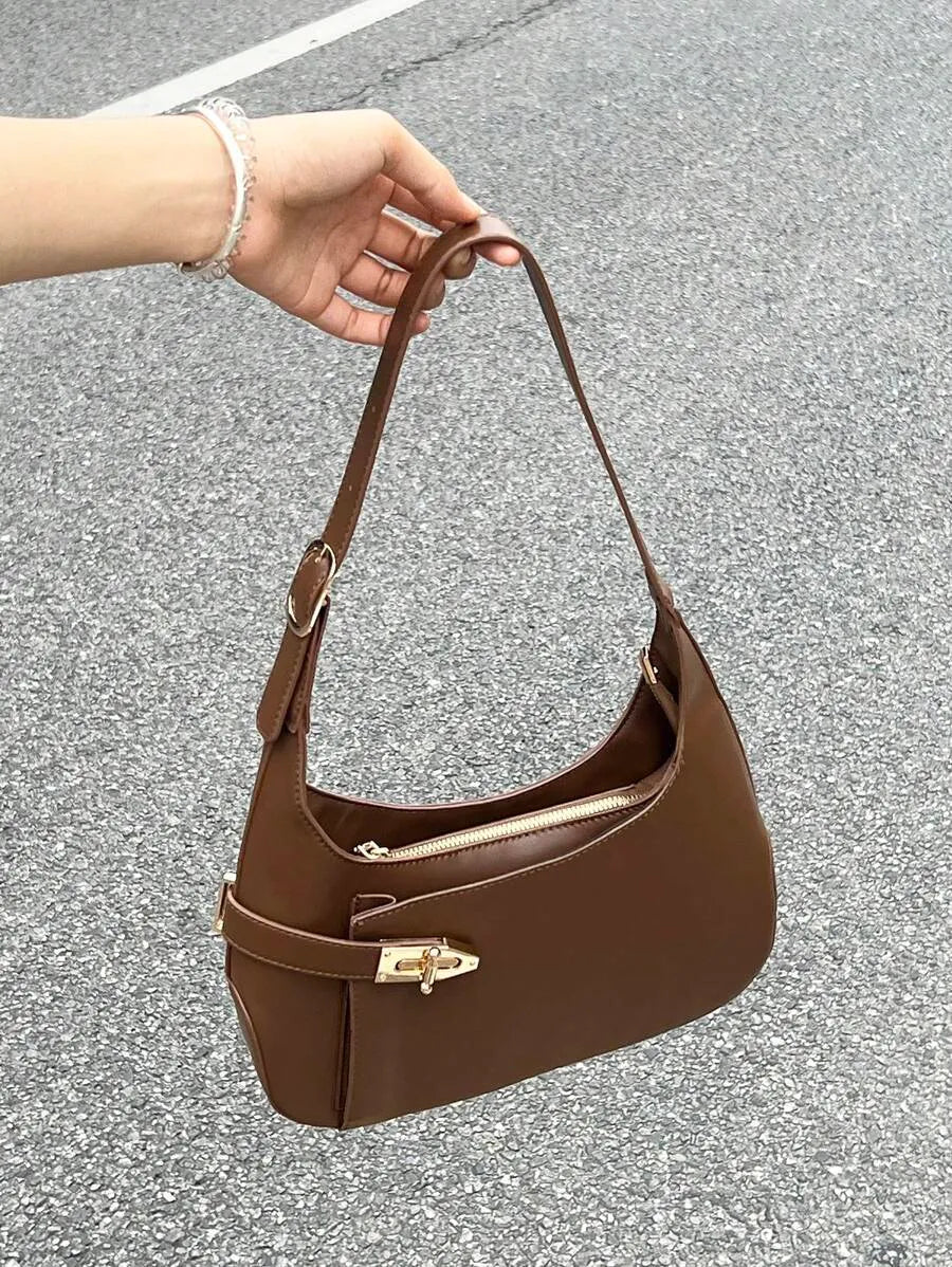 Medium Black Hobo Bag with Buckle Decor, Fashionable Business Casual Shoulder Bag for Women, Perfect for Office, Work, and Everyday Professional Style, Spacious and Elegant Design