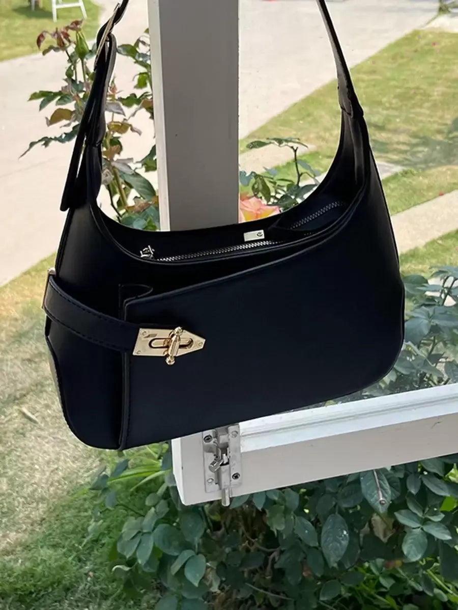 Medium Black Hobo Bag with Buckle Decor, Fashionable Business Casual Shoulder Bag for Women, Perfect for Office, Work, and Everyday Professional Style, Spacious and Elegant Design