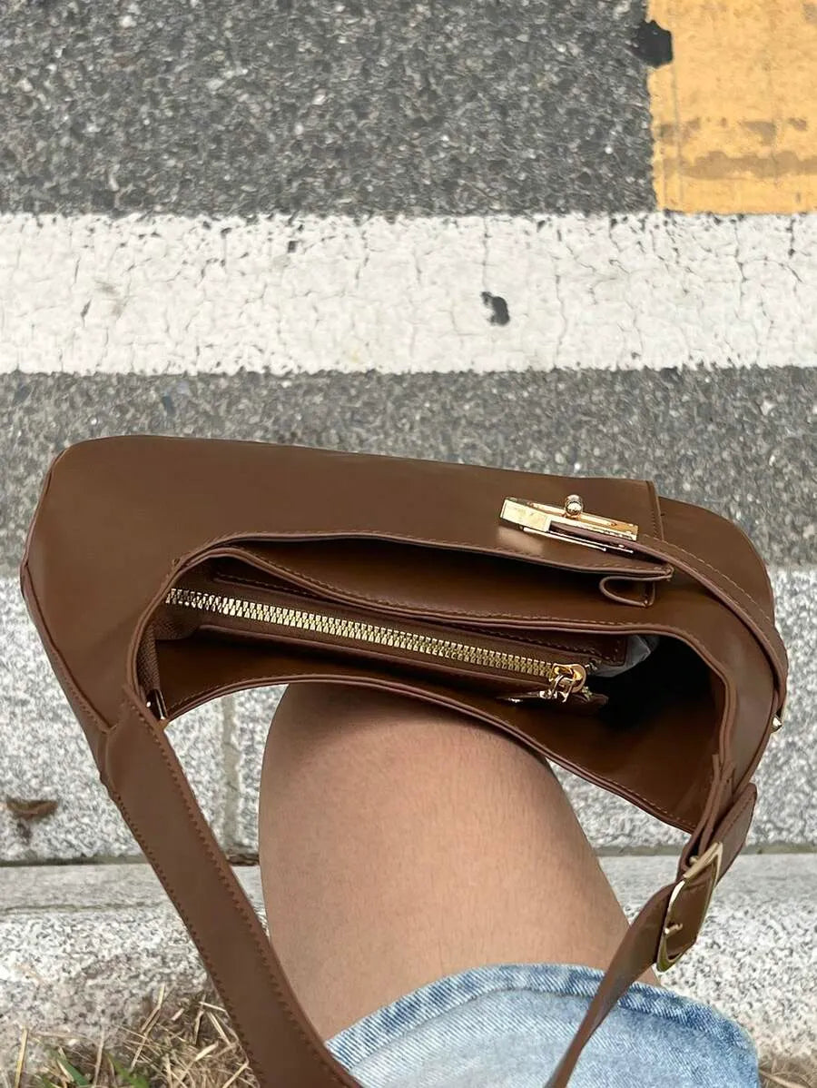 Medium Black Hobo Bag with Buckle Decor, Fashionable Business Casual Shoulder Bag for Women, Perfect for Office, Work, and Everyday Professional Style, Spacious and Elegant Design