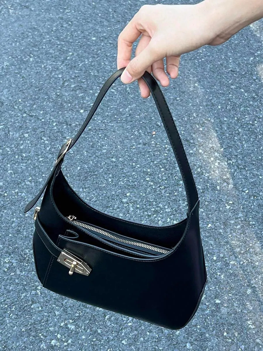 Medium Black Hobo Bag with Buckle Decor, Fashionable Business Casual Shoulder Bag for Women, Perfect for Office, Work, and Everyday Professional Style, Spacious and Elegant Design