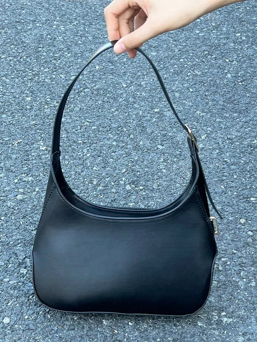 Medium Black Hobo Bag with Buckle Decor, Fashionable Business Casual Shoulder Bag for Women, Perfect for Office, Work, and Everyday Professional Style, Spacious and Elegant Design