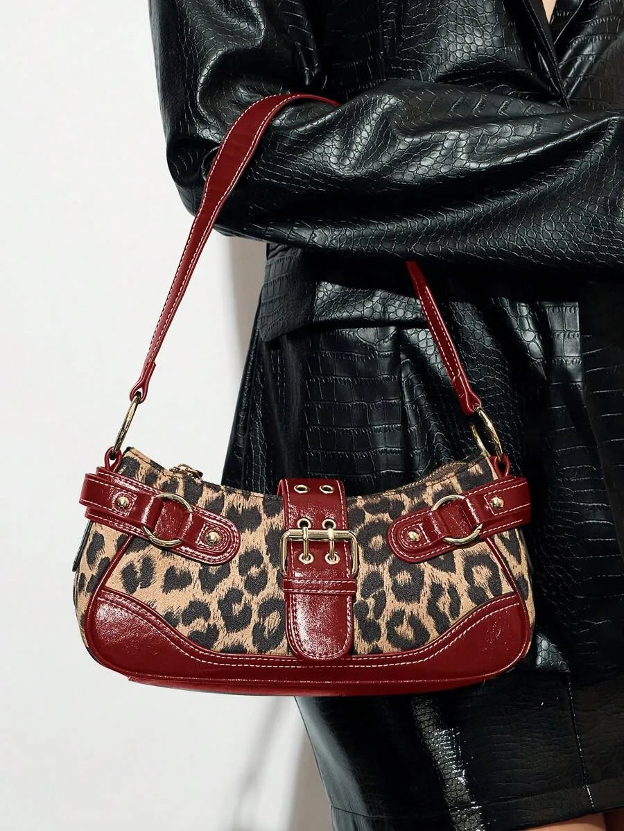 Leopard Print Patchwork PU Shoulder Bag for Women, Stylish Street Commuter Purse with Animal Print Design, Trendy and Bold Accessory for Daily Outfits, Travel, and Leopard Comeback Fashion Statement