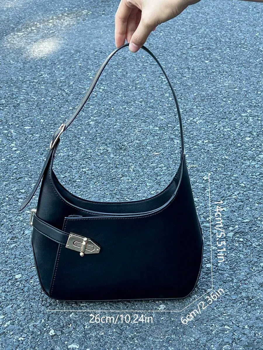 Medium Black Hobo Bag with Buckle Decor, Fashionable Business Casual Shoulder Bag for Women, Perfect for Office, Work, and Everyday Professional Style, Spacious and Elegant Design