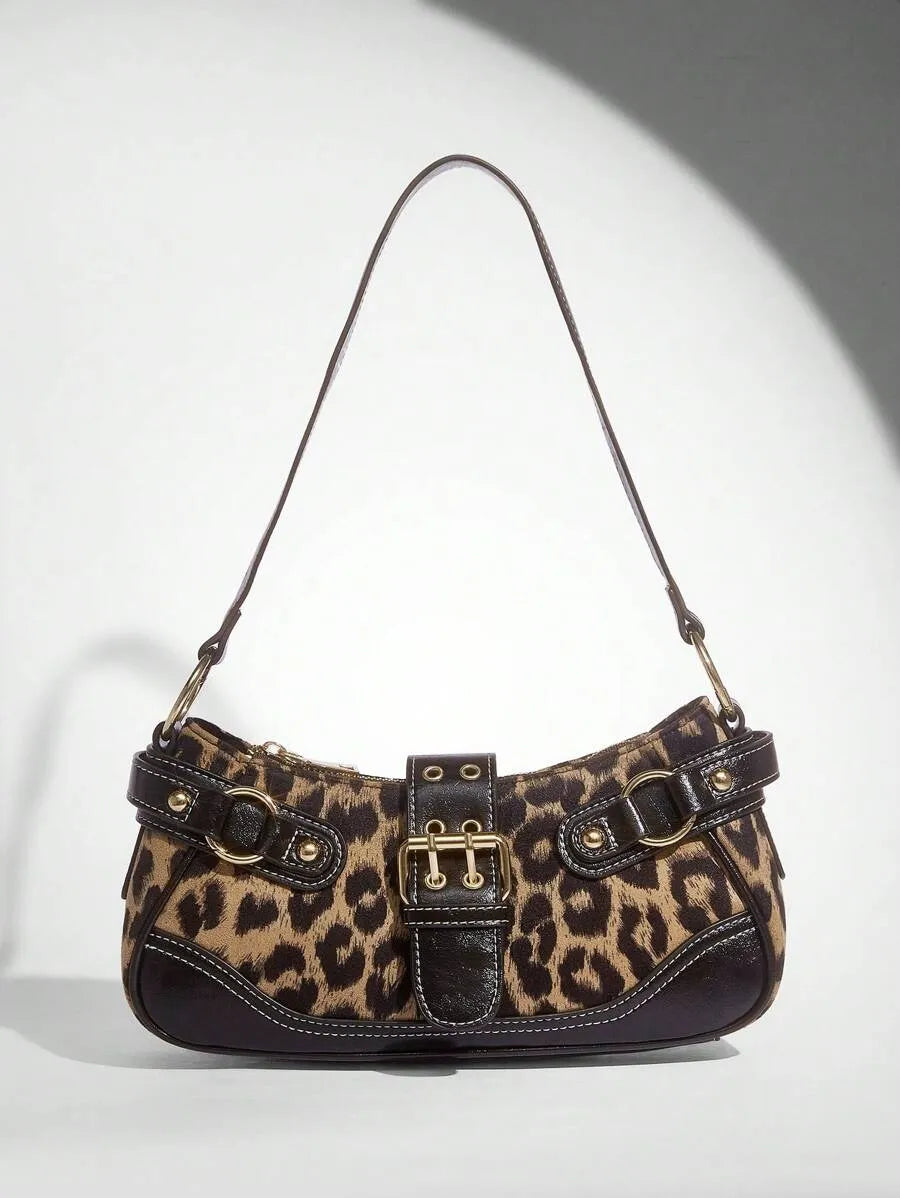 Leopard Print Patchwork PU Shoulder Bag for Women, Stylish Street Commuter Purse with Animal Print Design, Trendy and Bold Accessory for Daily Outfits, Travel, and Leopard Comeback Fashion Statement
