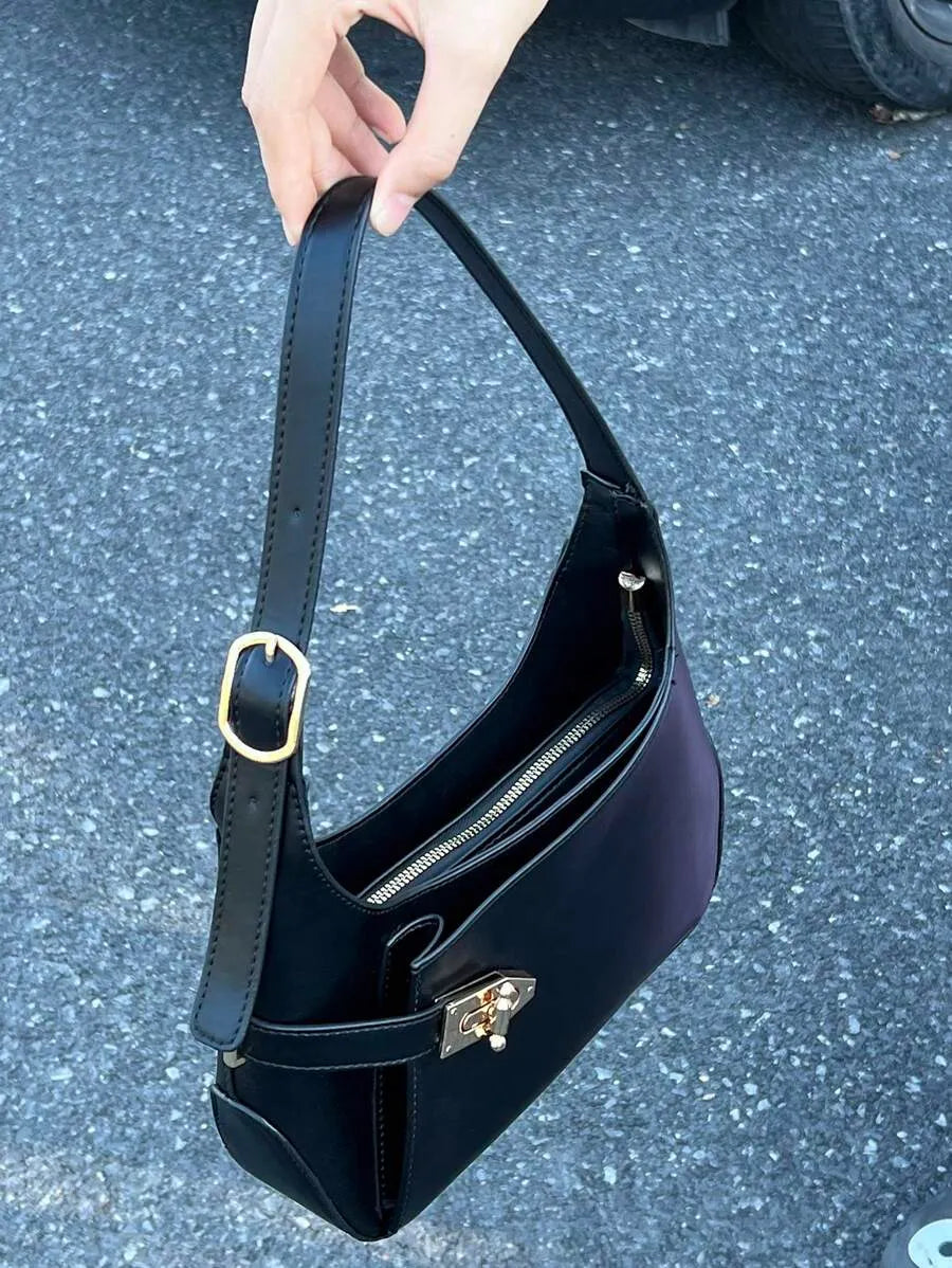 Medium Black Hobo Bag with Buckle Decor, Fashionable Business Casual Shoulder Bag for Women, Perfect for Office, Work, and Everyday Professional Style, Spacious and Elegant Design