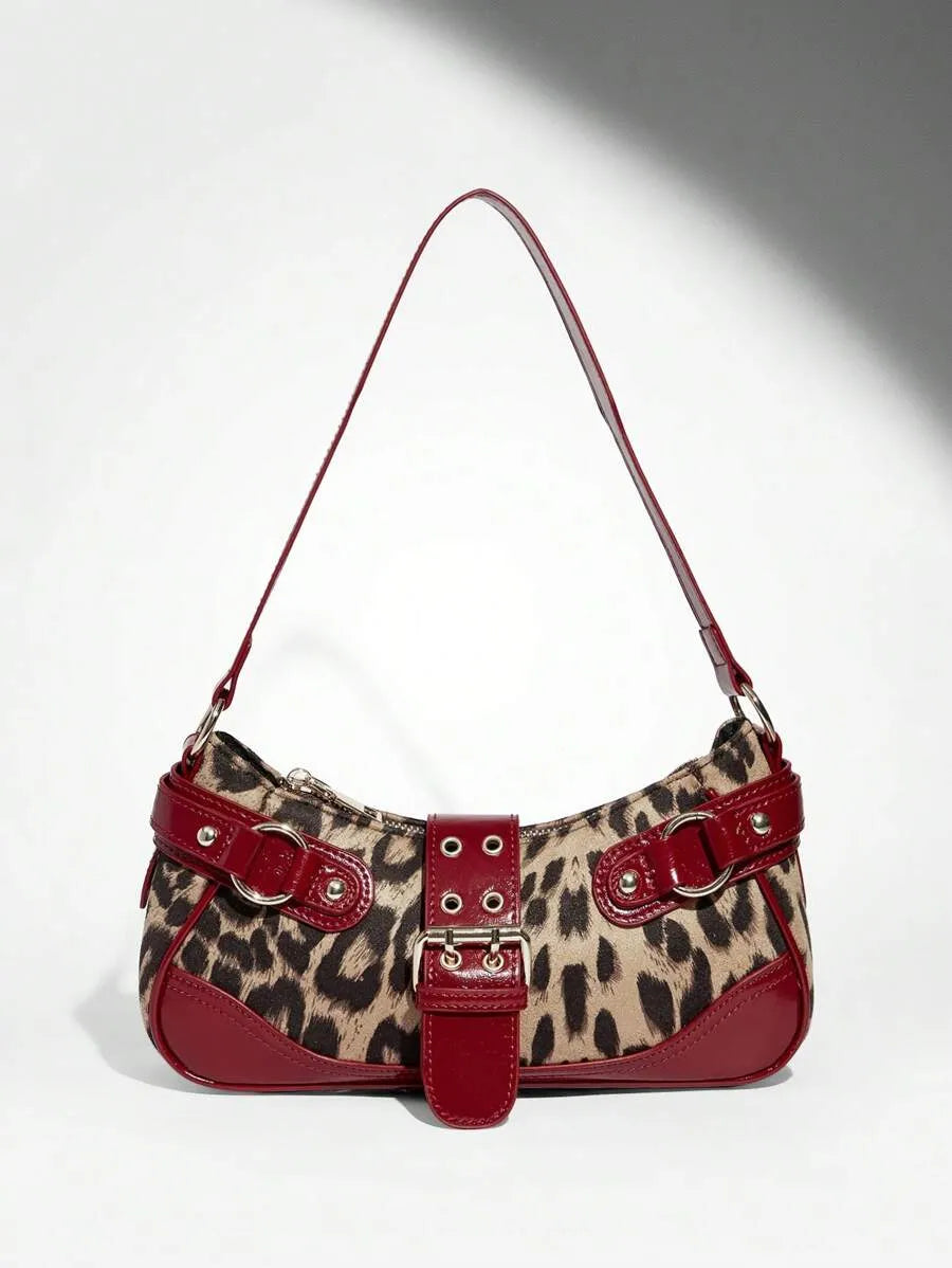 Leopard Print Patchwork PU Shoulder Bag for Women, Stylish Street Commuter Purse with Animal Print Design, Trendy and Bold Accessory for Daily Outfits, Travel, and Leopard Comeback Fashion Statement
