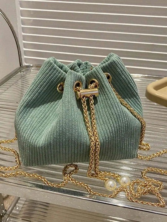 Fashionable Solid Color Corduroy Bucket Crossbody Bag for Women with Chain Strap, Versatile Minimalist Design, Lightweight Everyday Shoulder Bag, Perfect for Casual Outings, Work, Travel, and Stylish Daily Use