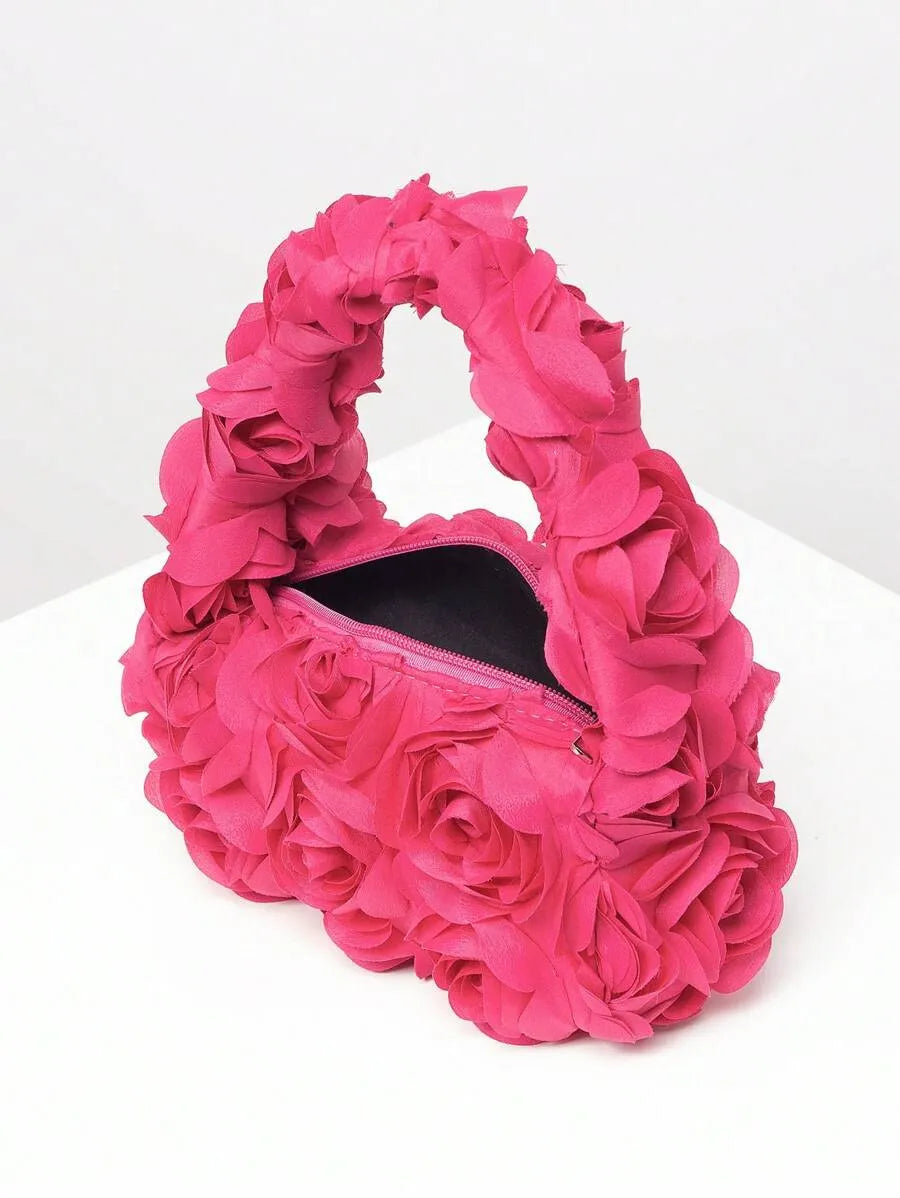 Elegant 3D Rose Flower Tote Bag for Women, Burgundy Evening Handbag for Weddings, Parties, Banquets, Bridesmaids, or Romantic Dates, Perfect Valentine’s Day or Birthday Gift, Stylish Purse with Random Floral Pattern for Special Occasions