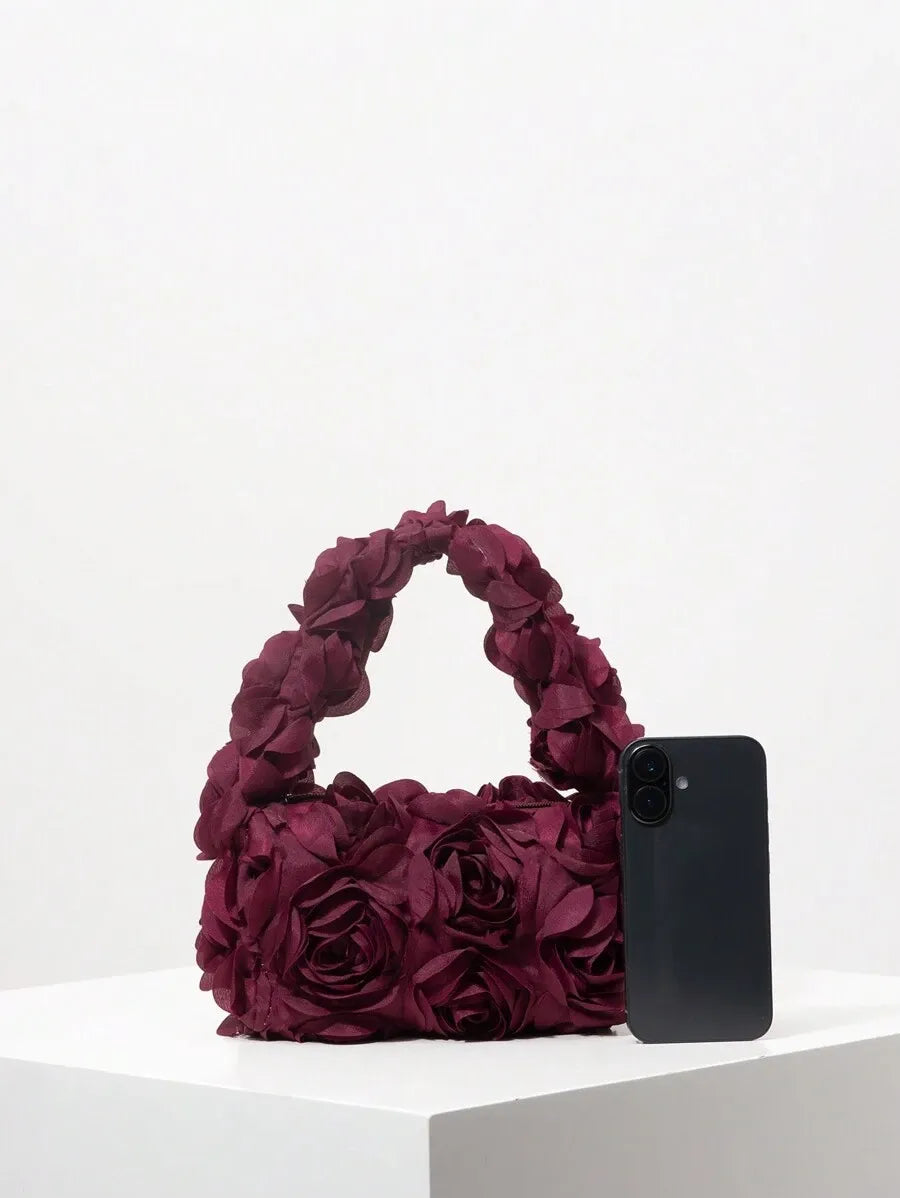 Elegant 3D Rose Flower Tote Bag for Women, Burgundy Evening Handbag for Weddings, Parties, Banquets, Bridesmaids, or Romantic Dates, Perfect Valentine’s Day or Birthday Gift, Stylish Purse with Random Floral Pattern for Special Occasions