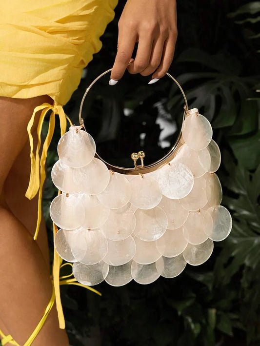 Elegant Top Handle Bag for Women with Shell Accents and Metal Handles, Fashionable and Versatile Summer Handbag, Perfect for Beach, Vacation, Holidays, Stylish and Personalized Purse for Casual or Resort Outfits