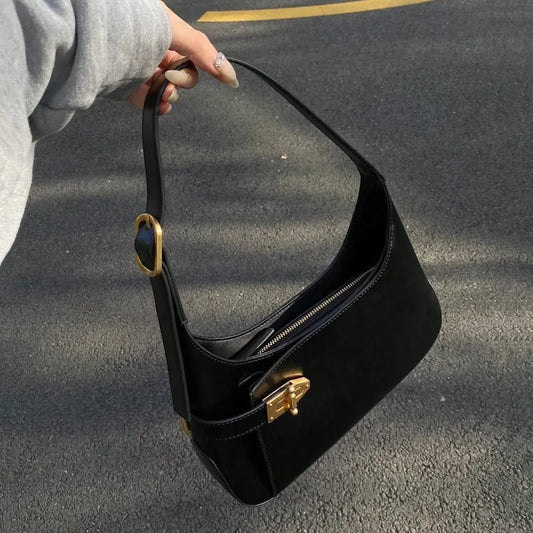 Medium Black Hobo Bag with Buckle Decor, Fashionable Business Casual Shoulder Bag for Women, Perfect for Office, Work, and Everyday Professional Style, Spacious and Elegant Design