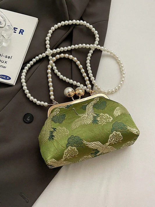 Retro Green Fabric Clutch Bag with Faux Pearl Chain, Elegant and Versatile Shoulder Handbag for Women, Perfect for Parties, Weddings, and Daily Outfits, Stylish Vintage-Inspired Pearl Purse for Special Occasions