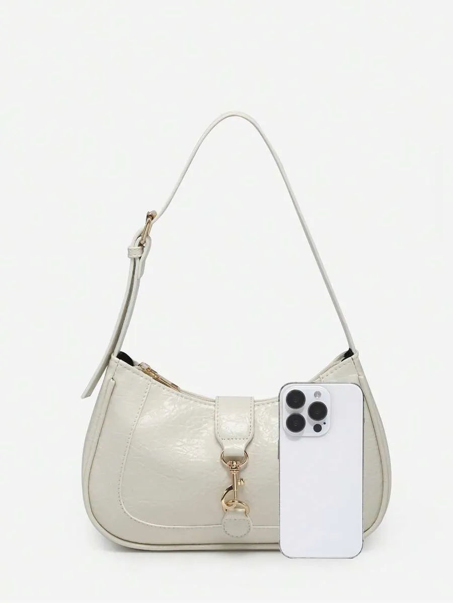 Retro Minimalist Crescent Shape Shoulder Bag with Adjustable Strap and Hook Decor, Stylish and Compact Purse for Women, Perfect for Dates, Outings, Parties, Everyday Chic Accessory