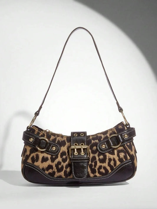 Leopard Print Patchwork PU Shoulder Bag for Women, Stylish Street Commuter Purse with Animal Print Design, Trendy and Bold Accessory for Daily Outfits, Travel, and Leopard Comeback Fashion Statement